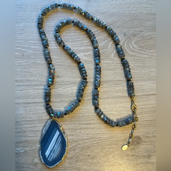 NEW Blue Agate Pendant Necklace, Strung From Lapis & Labradorite Beads